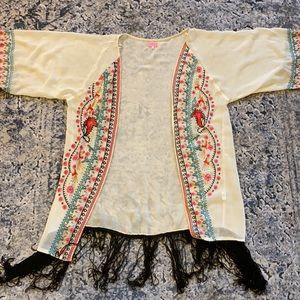 Fringe embroidered kimono